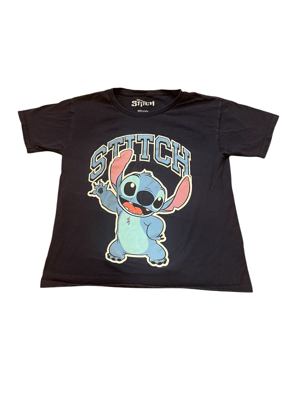 Disney Black Tee with Blue Stitch Graphic and Pink Accents